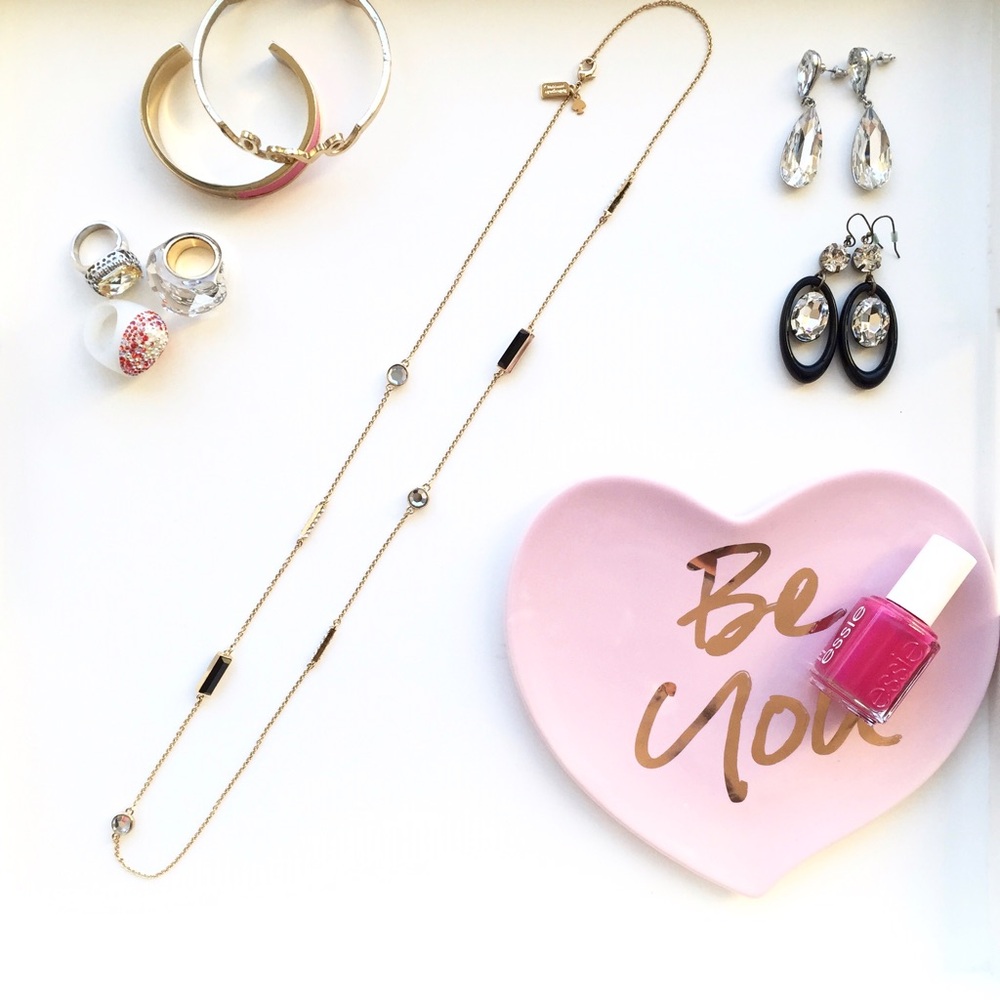 kate spade gold long station necklace with black and clear accents